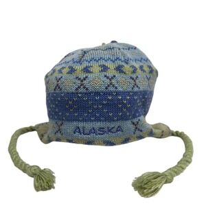 Alaska Knit Beanie Lined Winter Hat Blue Green Ear Flap Tassels Size Kids OS